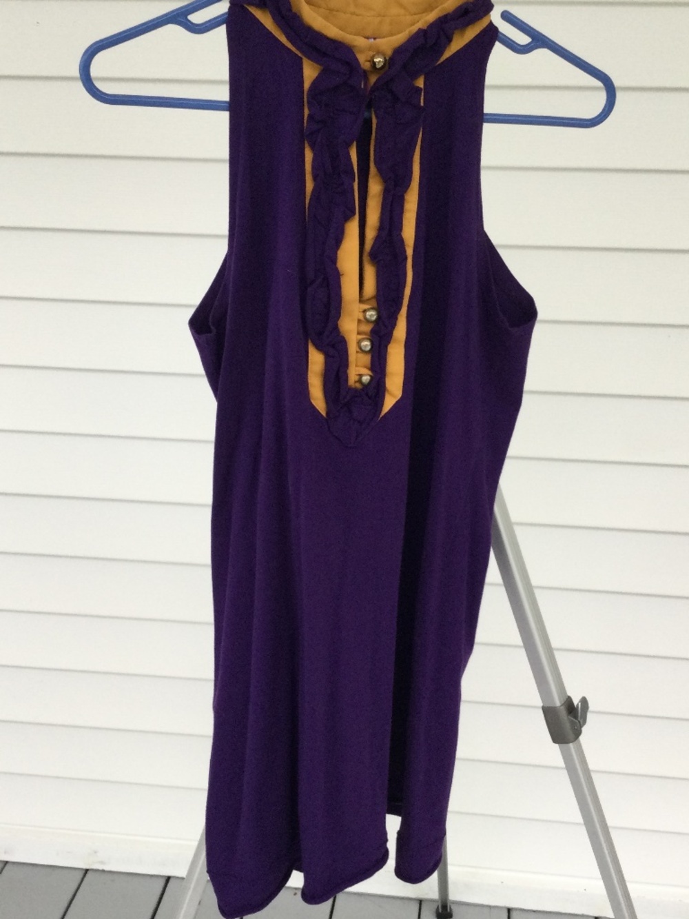 Tru Colors Sleeveless Purple and Gold Sleeveless Tank, Ruffles & Buttons Down